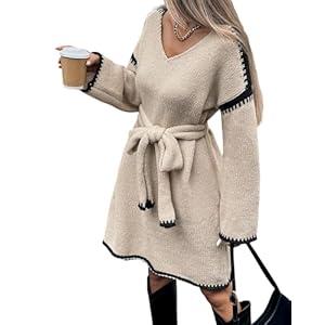 Fall Sweater Dresses for Women 2025 with Belt, Oversized Long Sleeve V Neck Knee Length A Line Color Block Knit Dress, Apricot, Small