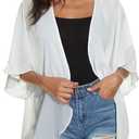 Women's Floral Print Puff Sleeve Kimono Cardigan Loose Cover Up Casual Blouse Tops (White,Small)
