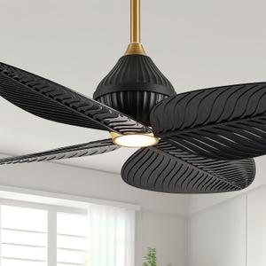 52" Tropical Ceiling Fans with Lights, Indoor Palm Leaf Ceiling Fan with Light and Remote for Living Room Bedroom, ABS Blades, Dimmable LED Lights, 6 Speeds, Adjustable Height-Black Gold