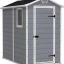 Keter Manor 4x6 Resin Outdoor Storage Shed Kit-Perfect to Store Patio Furniture, Garden Tools Bike Accessories, Beach Chairs and Lawn Mower, Grey & White