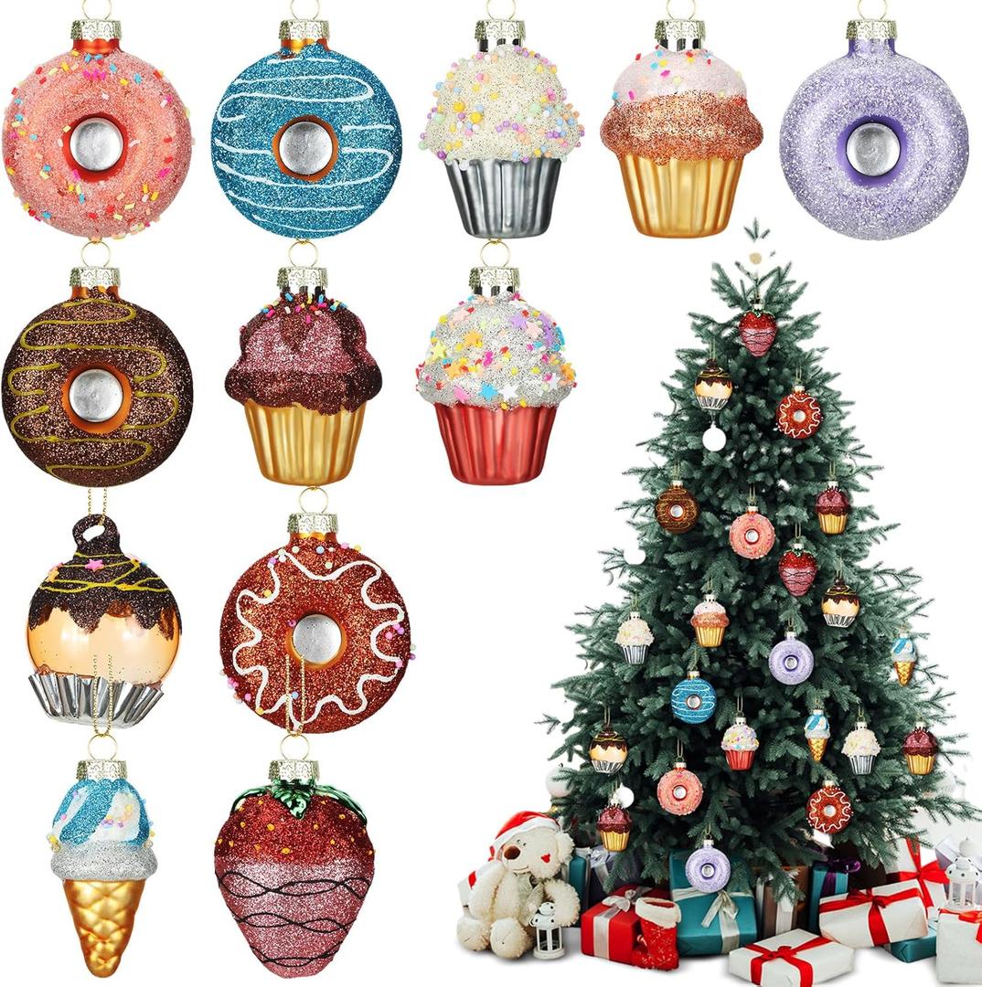 12 Pcs Christmas Glass Cupcake Ornaments Dessert Theme Ornaments Christmas Donut Candyland Hanging Pendants Gift Food Theme Hanging Decor Xmas Tree Pendants for Home Indoor Holiday Party Decoration