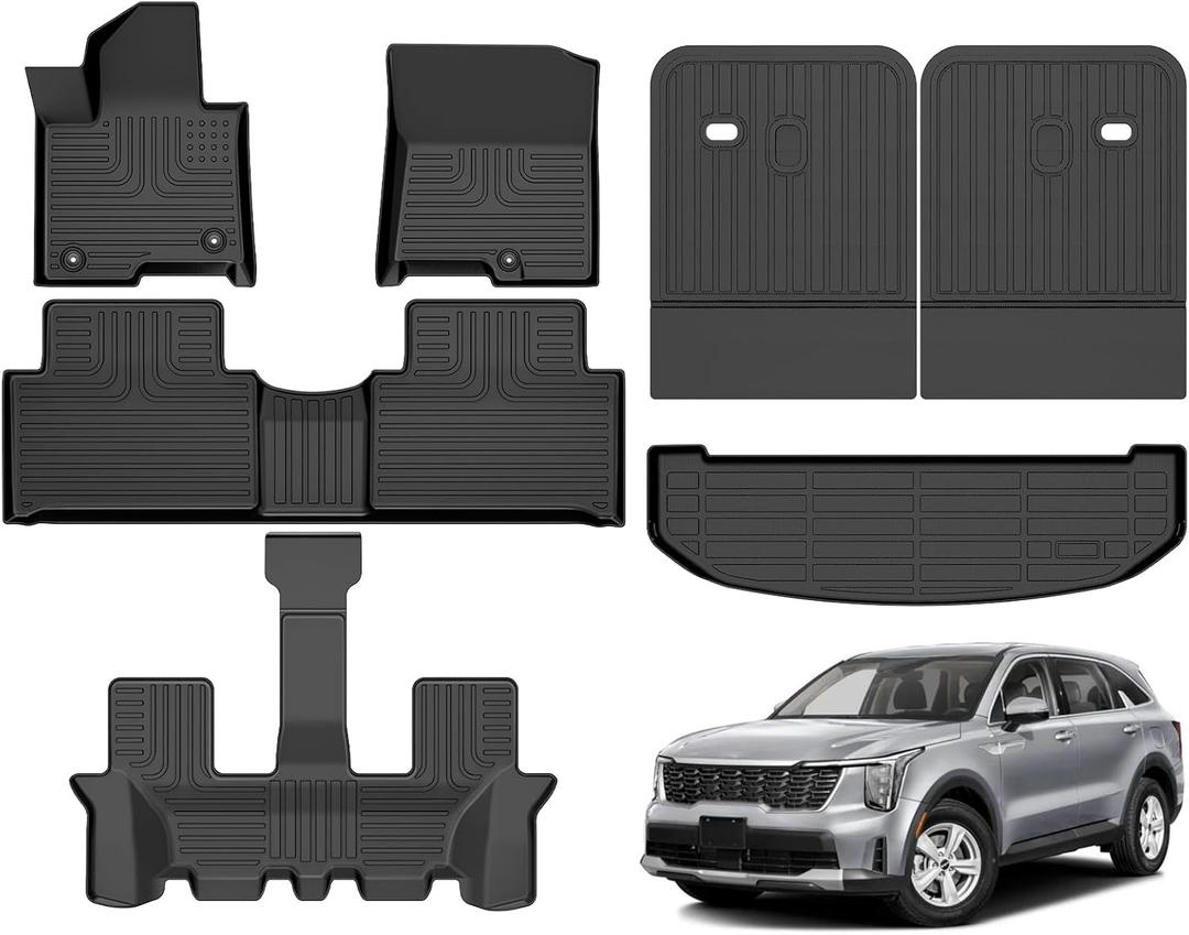 Hutisya-Floor Mats & Cargo Liner with Backrest Set Fit for Kia Sorento Hybrid 2021-2025 All Weather Protection Anti-Slip & Durable TPE Full Set Liners Automotive Accessories-Black