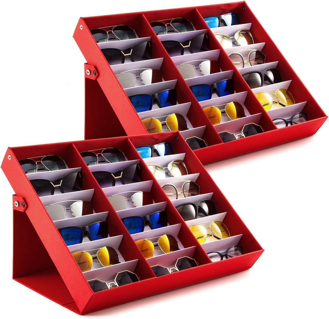 18 Slot jewelry Sunglasses Organizer Box Stand Display Case/Tray, Snap Close & Polyester Silk Lined (2, Red)