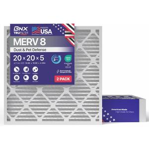 BNX TruFilter 20x20x5 (19.88’’ x 19.88’’ x 4.38‘’ Honeywell Compatible 4”) MERV 8 Air Filter (2-Pack) - MADE IN USA - HVAC AC Furnace Filters Dust, Pet, Mold, Pollen MPR 600 FPR 5
