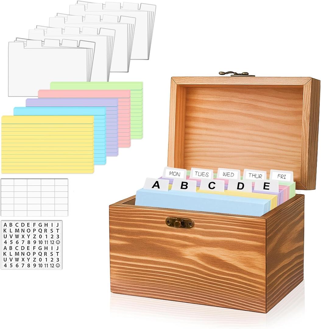 MOBYKE Index Card Holder 3x5, wooden Origanizer Recipe Box with 100 PCS Flash cards, 30 White Dividers, 1 Blank Sticker and 1 Letter Sticker, Flashcard Notecard Holders for Home Office (colorful)
