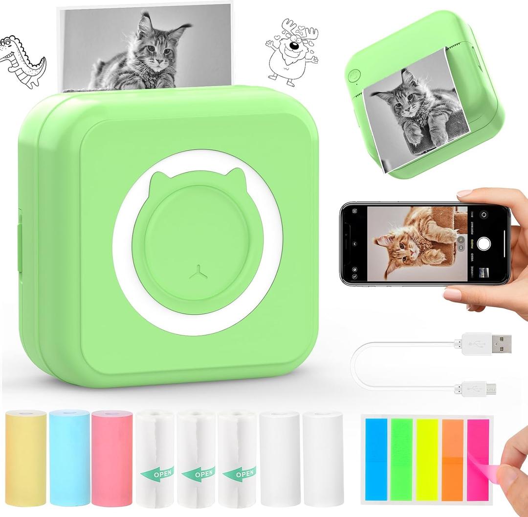 QYCHHJ Mini Printer for iPhone/Android/Tablet, Bluetooth Mini Thermal Printer Portable with 8 Rolls Thermal Paper, Inkless Sticker Printer for Study Notes Journal Memo Photo Picture, Green (Green)