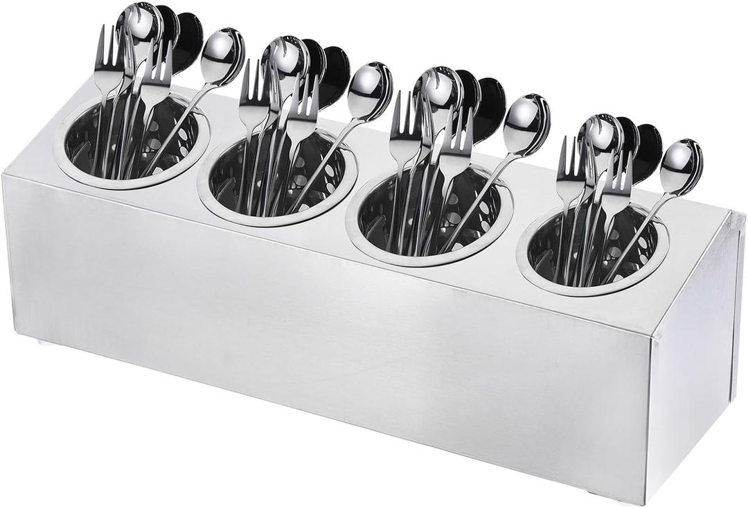 uxcell Commercial Utensil Holder, Stainless Steel Cylinder Flatware Silverware Utensil Holder Caddy Drying Rack Countertop Silverware Organizer (4 Holes)
