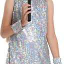 Happy Cherry Sequin Dress for Girls Sparkly Sleeveless Holiday Prom Concert Party Outfit with Glitter Microphone Prop, 8-9 Years, Silver