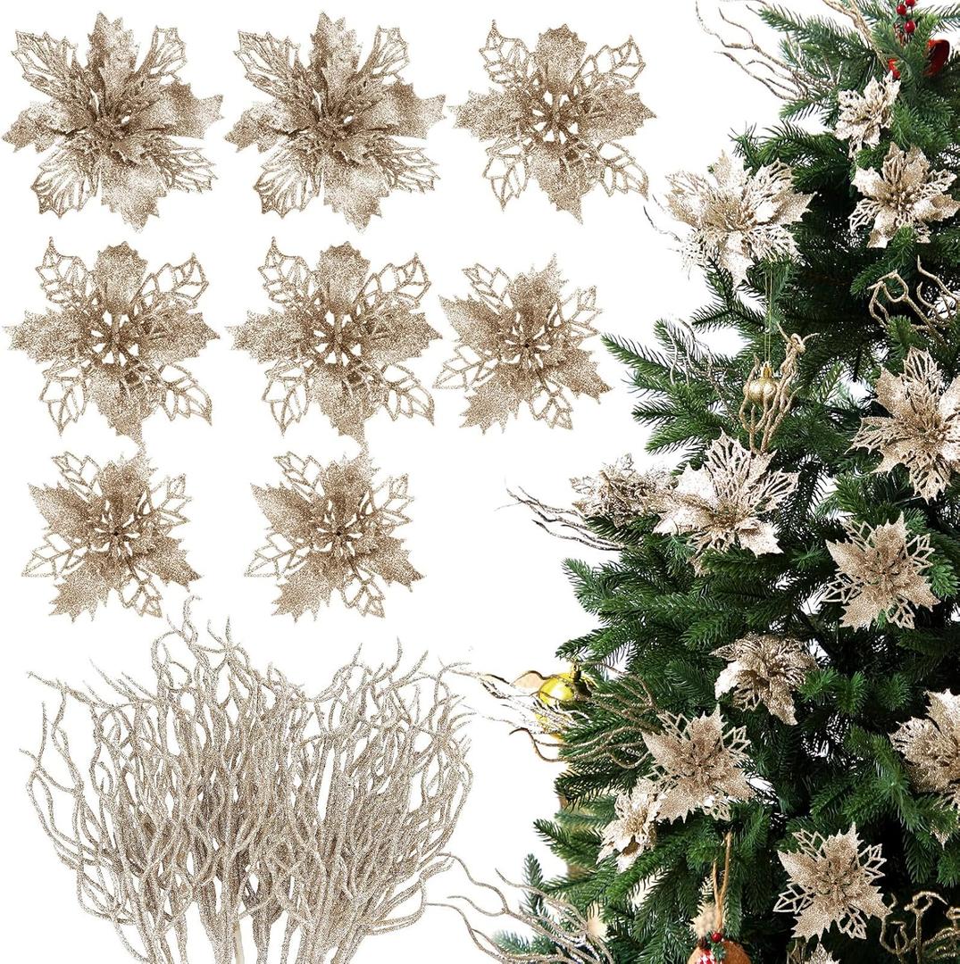 Yinder 48 Pcs Christmas Poinsettia Artificial Flower with Twigs Glitter Christmas Tree Filler Decorations Set for Wreath Table Centerpiece Xmas Wedding Holiday Party Decorations(Champagne)