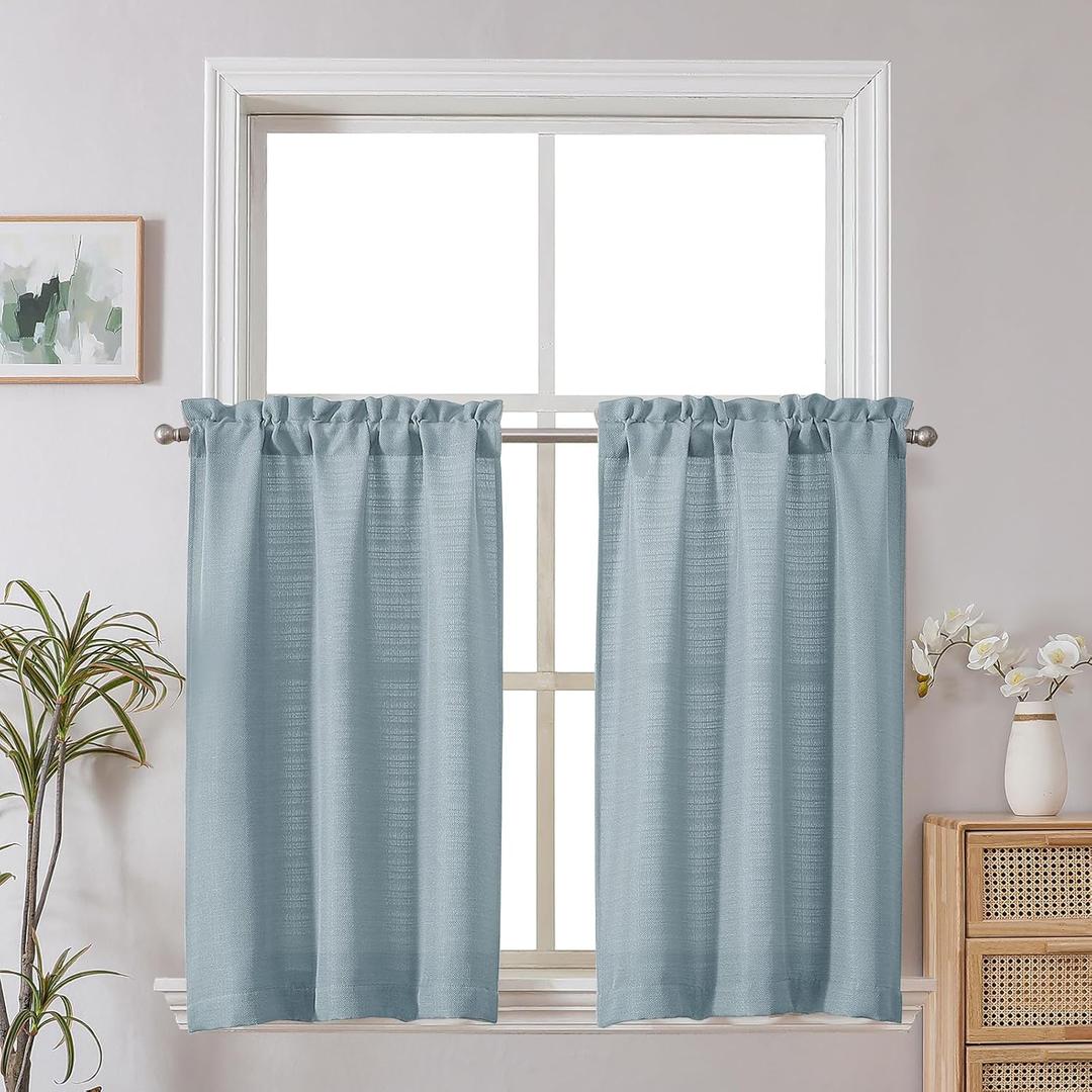 Chyhomenyc Curtains 30 Inch Length, Faux Linen Textured Small Cafe Curtains, Light Filtering Short Curtain for Bathroom Window, 30x30 Inch, 2PCS, Aqua with Greenish Tone