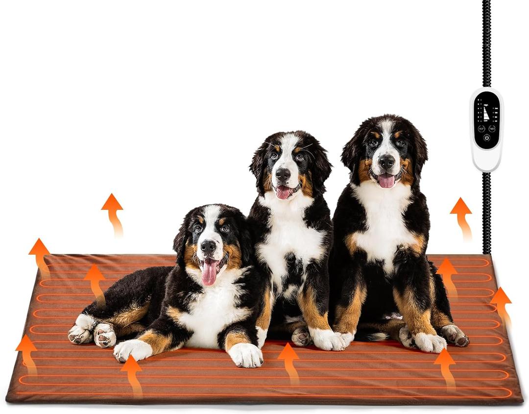 TURBRO 59x39 XXX-Large Pet Heating Pad, Electric Heated Dog Bed for Large Breeds, Temperature and Timer Control, Anti-Bite Cord, Ultra-Soft and Anti-Slip Cover, Indoor Use, MET Certified, Brown