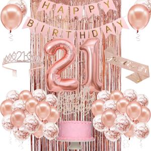 21st Birthday Decorations for Her, Happy 21st Birthday Banner, Crown, Sash, Cake Topper and Number Balloon, Rose Gold 21 Years Old Party Decorations for Her