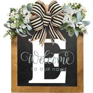 16'' Personalized Last Name Welcome Sign, Door Wreaths for Front Door Outside, Spring Wreath for Front Door Decor, Farmhouse New Home Gifts for Home (E)