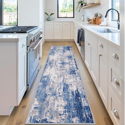 RELEANY Washable Area Rugs 2'x6' Non-Slip Modern Abstract Soft for Living Room Entryway Bedroom Nursery, Print Pattern, Blue Grey Navy Gray