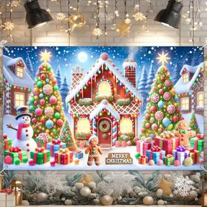 Christmas Banner Gingerbread House Xmas Backdrop Snowman Gingerbread Man Gifts Christmas Trees 71x43 Inches Winter Wonderland Holiday Indoor Outdoor Party Photo Background Decoration