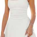 Fixmatti Women's Romper Square Neck Ruched Waist Ruffle Hem Mini Shorts Jumpsuit Outfits (White, XL)