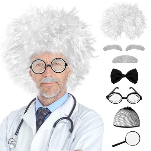 Jnnzzggu 8 PCS Old Man Mad Scientist Wig Set, Crazy Old Man Physicist Wig Costume, Lab Glasses Mustache Physicist Costume
