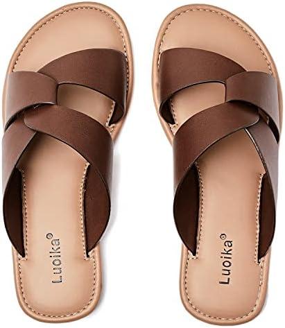Luoika Women's Wide Width Flat Slides Sandals, Strapy Slide Sandal Slip on Dressy Summer Shoes for Women.10