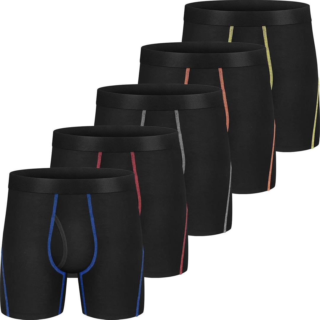 Men's Viscose Boxer Briefs Performance Breathable Comfy Silk Waistband 6 Boxer Briefs Fly 5Pack (Black, S)