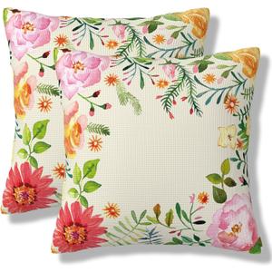 Summer Inspired Ornamental Throw Pillow Covers Pastel Mix Types of Flowers Square Pillow Cases 18x18 Inch Set of 2 Watercolor Flower Pillowcase Cushion Cover for Bedroom Couch Sofa