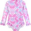 Baby Toddler Girl Long Sleeve Ruffle Swimsuit One Piece Zipper Rash Guard Bathing Suit with UPF 50+ Sun Protection (4-5T, Pink Mermaid)