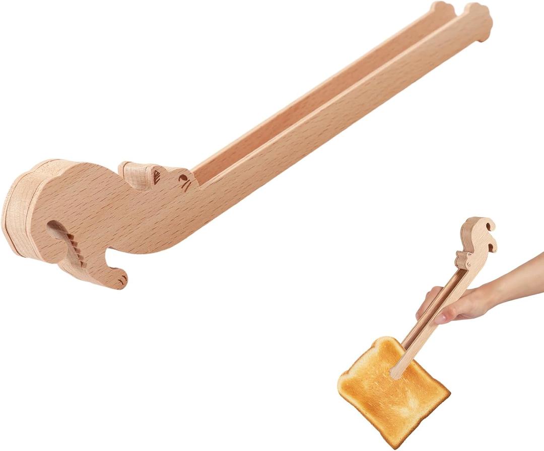 Toaster Tongs, Multipurpose Wooden Tongs for Cooking, Salad, Cat Gifts, Cute Kitchen Accessories, Fun Kitchen Gadgets (Cat)