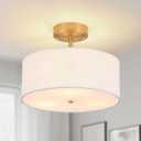 3-Light Semi Flush Mount Ceiling Light Modern Gold Drum Light Fixtures with White Fabric Cover Shade Round Chandelier for Bedroom Living Room Kitchen and Hallway
