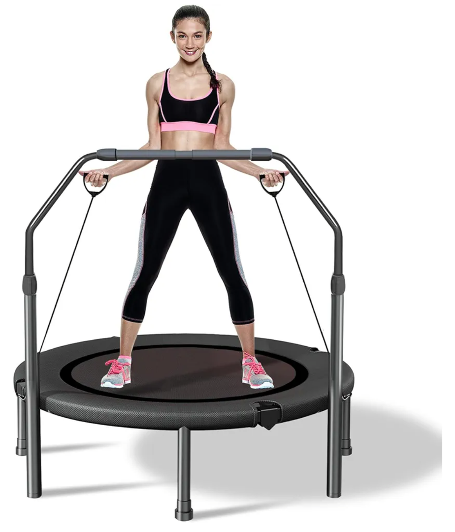 JUSTJUMP 40" Rebounder Trampoline for Adults Indoor Outdoor Fitness Max Load 275 lbs with Adjustable Foam Handle 4-Level Height Adjustable Foldable Trampoline, Black