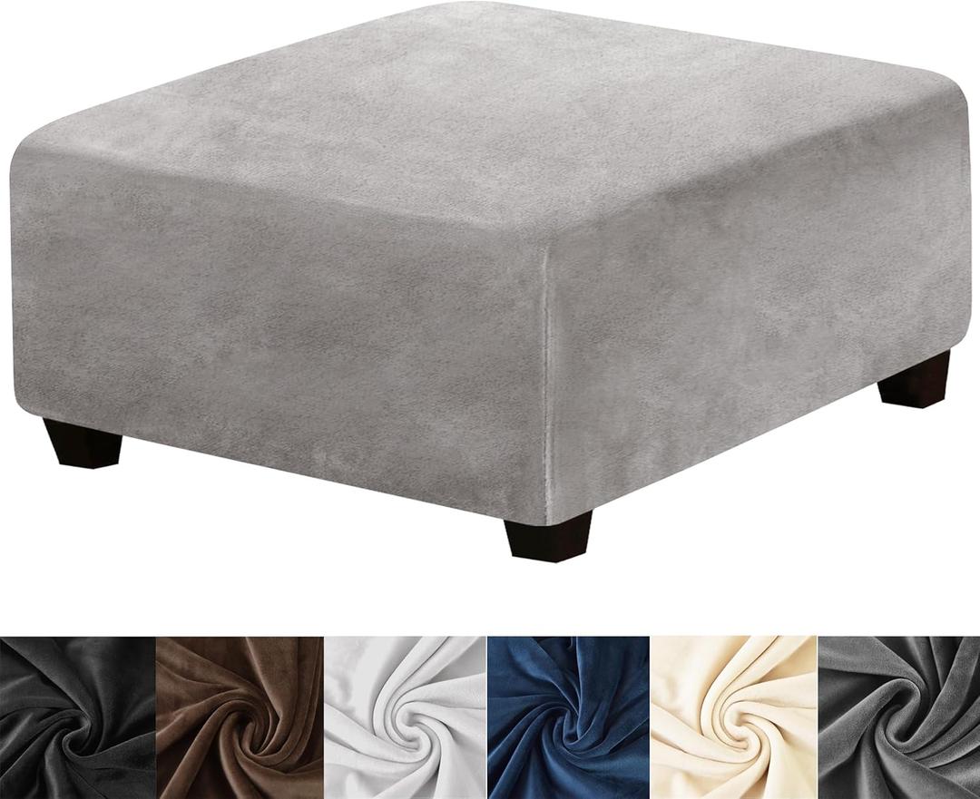 HFCNMY Ottoman Cover Square,Stretch Velvet Square Ottoman Cover Thick Ottoman Slipcover Washable Storage Ottoman Cover Foot Stool Cover with Elastic Bottom for Living Room Light Gray X-Large