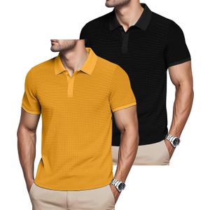Mens Polo Shirts 2 Pack Breathable Short Sleeve Golf Shirt Casual Button Down Shirt Lightweight Collared Waffle Shirts (Large, Black+yellow)