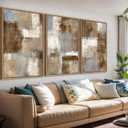 Large Abstract Framed Wall Art - Natural Float Framed Canvas Pictures Wall Art Prints for Living Room Decor Rustic Artwork Brown for Bedroom Kitchen Home Office Decoration 48" X 24" Set of 3, 16" X 24" X 3pieces Framed