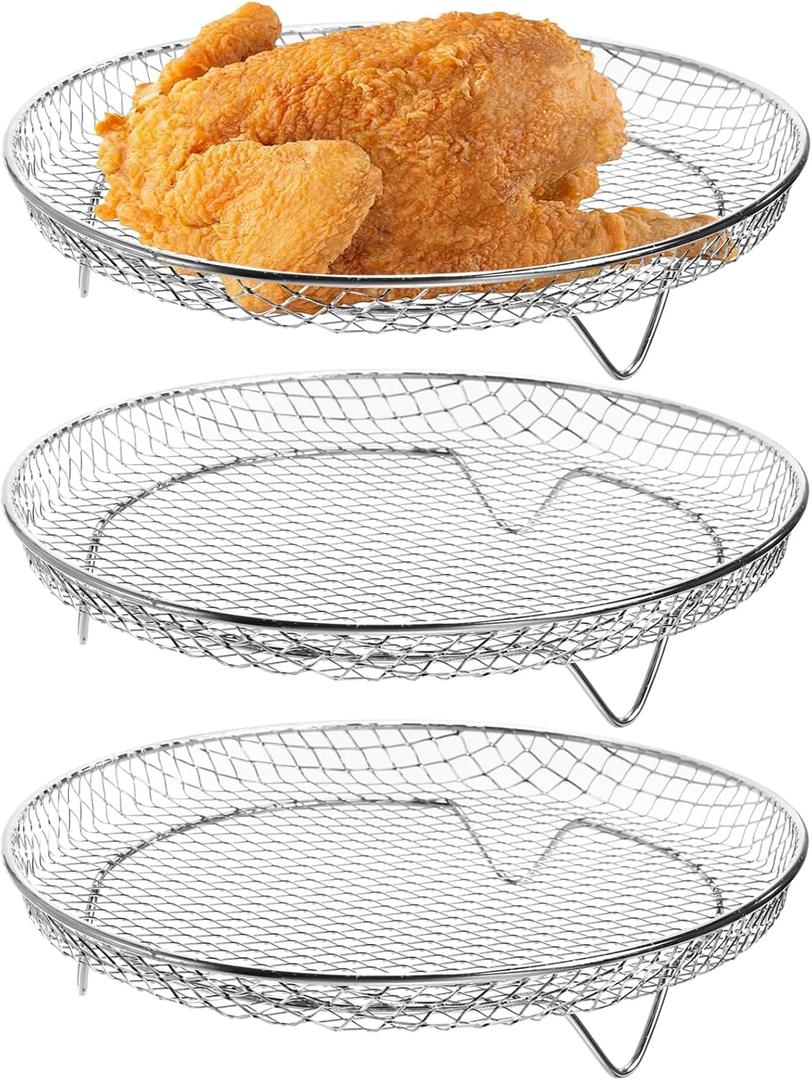 Elsjoy 3 Pack 8 Inch Round Air Fryer Racks, Stainless Steel Air Fryer Mesh Tray Stackable Dehydrator Racks, Fits 4.2-5.8 QT Air Fryers, Oven