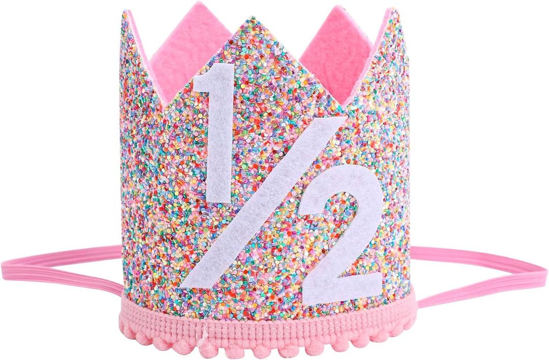 2 x Half Birthday Party Crown for Babies, Glitter 1/2 Birthday Rainbow Crown Hat Cute 6 Months Decorations for Party Photo Prop