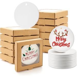 Fullhawl 12 Set Sublimation Ornament Blanks with Gift Box 2.9" Christmas Ornaments Ceramic Discs Ornaments Bulk Packaging Box for Personalized Xmas Tree Heat Press Printing(Kraft Paper)