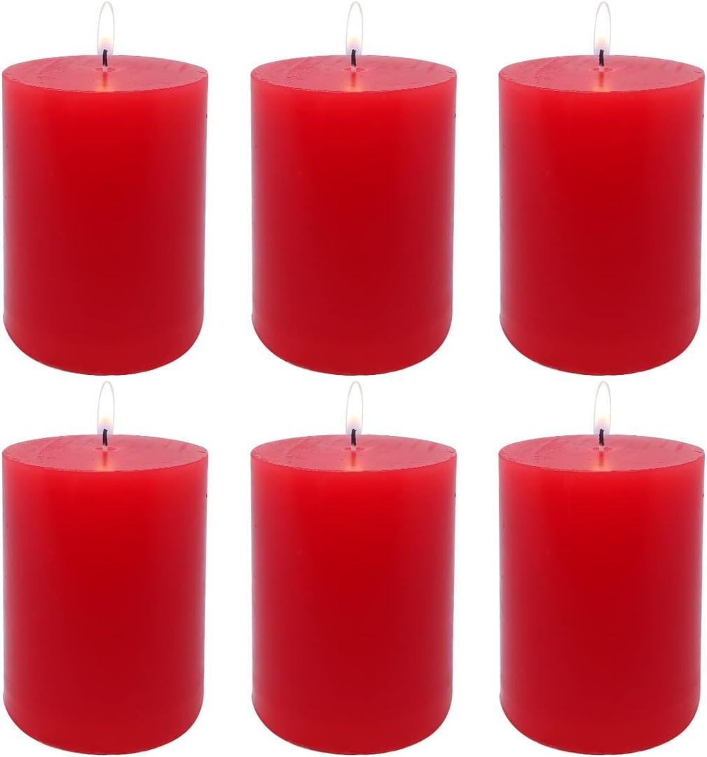 6 Pack 3x4 Inch Red Pillar Candles for Romantic Valentine's Day and Christmas, Unscented Column Candle for Home Restaurants, Smokeless Dripless and Clean Burning Emergency Candle