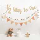 1/2 Way to One Half Birthday Banner Pre-Strung Pennant Felt Fabric Banner Flags and Pom Pom Garland, Party Hat for Birthday Decorations, Reusable Half Way to One Bunting Sign for Girl Boy 6 Months