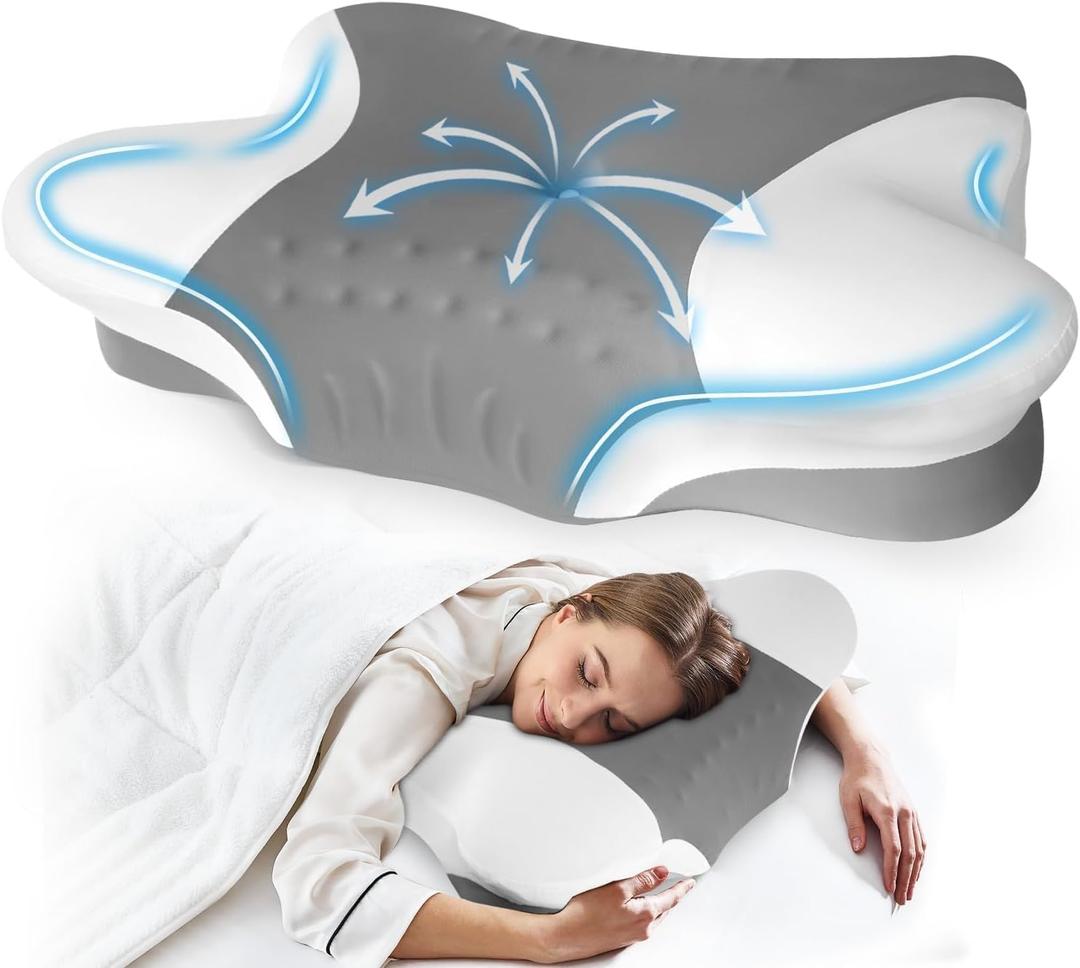 Queen Size Cervical Pillow for Neck Pain,Cooling Butterfly Pillow for Side Sleepers Adjustable Orthopedic Contour Memory Foam Pillow with Breathable Pillowcase,Dark Gray