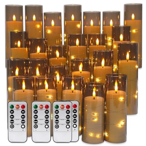 24 Pack Flameless LED Pillar Candles with Remote & Timer, Flickering Battery Operated Candles with Embedded Starry Lights, 3-Sizes Gray Acrylic Decorative Candles for Wedding, Home, Party Decor