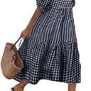 chouyatou Women's Retro Lantern Puff Sleeve Plaid Dress Gingham Swing Tiered Midi Long Dress (XX-Large)