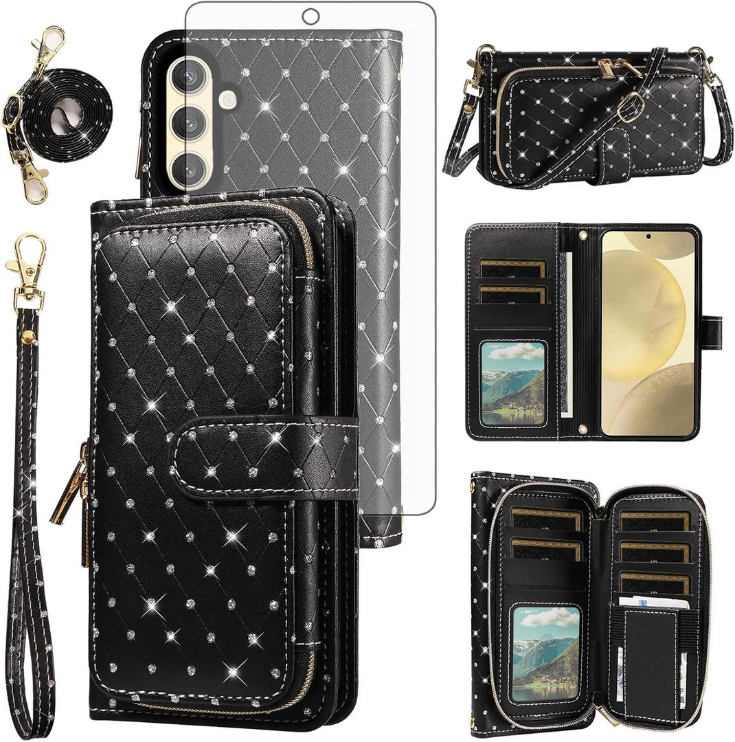Phone Cover for Samsung Galaxy A36 5G Wallet Case Cell Zipper with Tempered Glass Screen Protector Crossbody Lanyard Strap Bling Glitter Flip Card Holder Slot A 36 36A LTE SM-A366U Women Girls Black