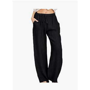 utcoco Women's Cotton Linen Drawstring High Waisted Pants Casual Loose Fit Wide Leg Trousers, Size L