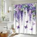Purple Floral Butterfly Shower Curtain Lavender Weeping Wisteria Blossom Vine Spring Watercolor Fabric Bathroom Decor Curtain with Hooks, 70Wx70H