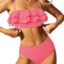 ZAFUL Layered Ruffle Bikini for Women High Waisted Bikini Sets Spaghetti Bandeau Swimsuits Padded Bathing Suit, S