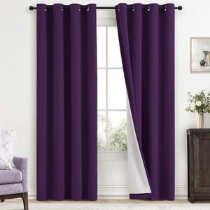 Yakamok Room Darkening 100% Blackout Curtains Grommet Window Treatments with 2 Thick Layers-Purple Thermal Insulated Drapes Set of 2 Panels for Bedroom Living Room 52 Inches by 84 Inches Length, Purple With Black Liner