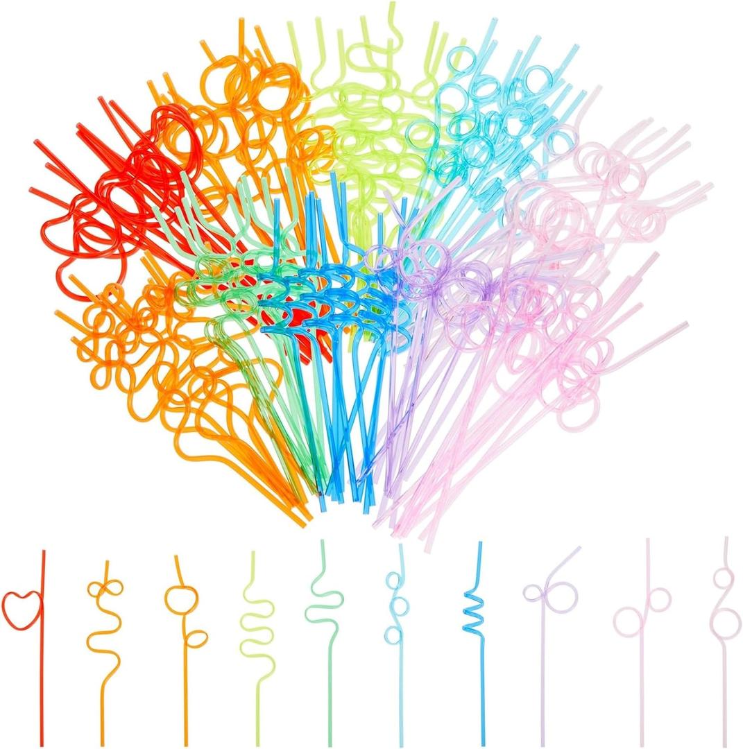 BLUE PANDA Silly Straws - 100 Count, 9.2-10.5 In Multicolor - Reusable Curly Straws Bulk for Kids Parties & Classroom Celebration