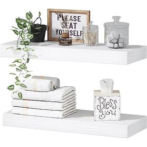 QEEIG White Bathroom Floating Shelves for Wall Shelf Over Toilet Wall Mounted Farmhouse Small 16 inch Set of 2 (008-40W)