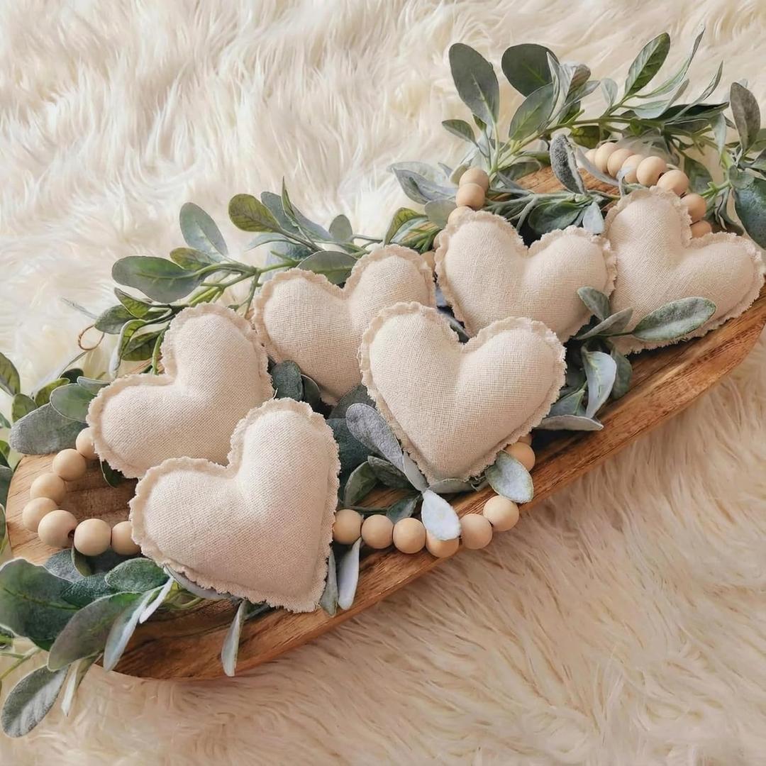 Novabright 8 Pcs Neutral Valentines 4.7 Inches Stuffed Fabric Hearts Natural Boho Farmhouse Heart Hanging Ornaments Rustic Valentines Decor for Home Tree Wedding Party Decor