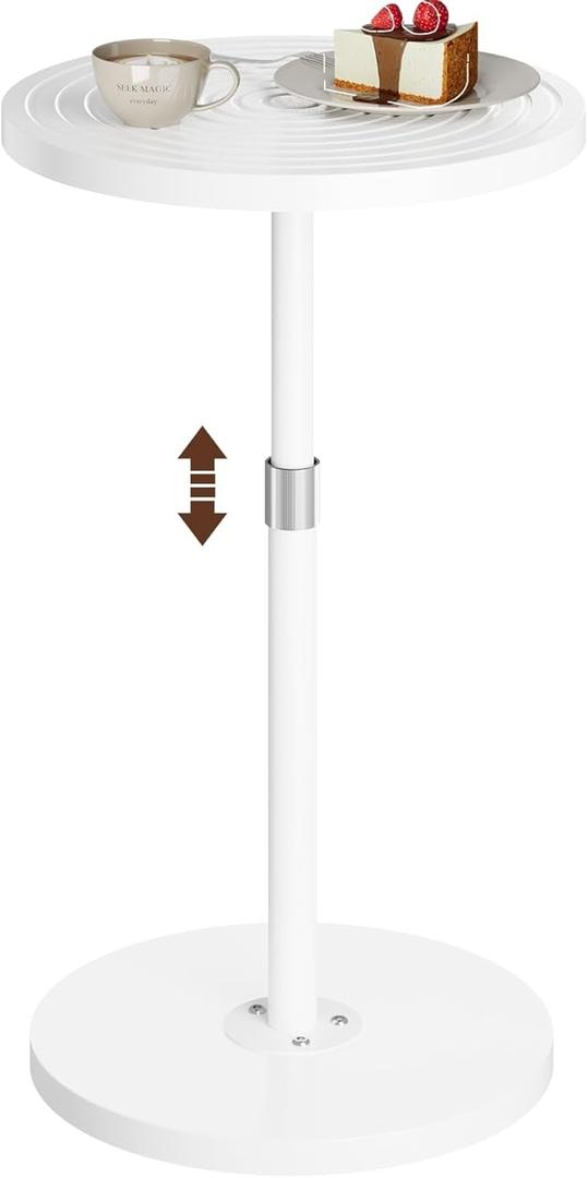 Round Side Table, Small Drink Table for Small Spaces, Adjustable-Height Pedestal Martini Table, Weighted Base Cocktail Stand for Living Room, Bedroom, Bathroom, Nursery, Office, White