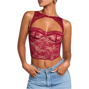 WDIRARA Women's Cut Out Lace Crop Bustier Corset Tank Top Sexy Going Out Party Club Tops (Red), M