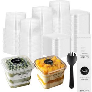 JMIATRY 100 Count 12 oz Square Plastic Dessert Cups with Lids and Spoons Clear Disposable Dessert Cup Tiramisu Container 12oz Plastic Parfait Cups for Cupcake Mousse Yogurt Pudding Fruit